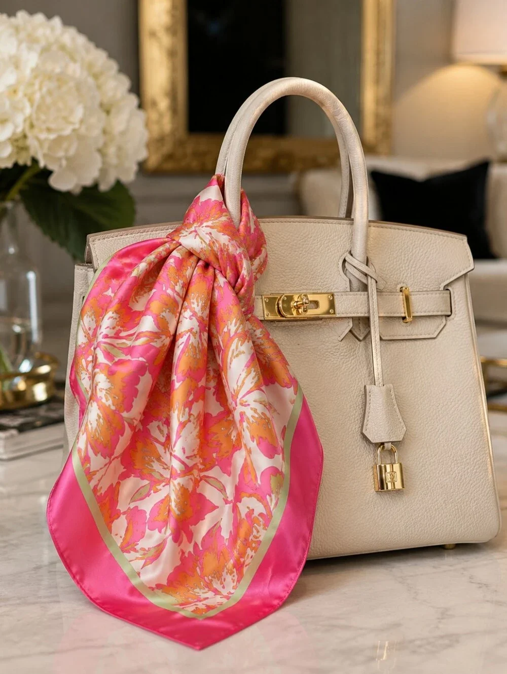 Silk-Feel Pink Floral Head Scarf /Handbag Accessory/Scarf Women Accessories